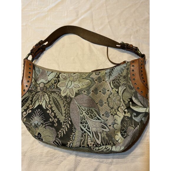 Fossil Handbags - Fossil Vintage Floral Tapestry Shoulder Bag With Leather Strap & Brass Studs